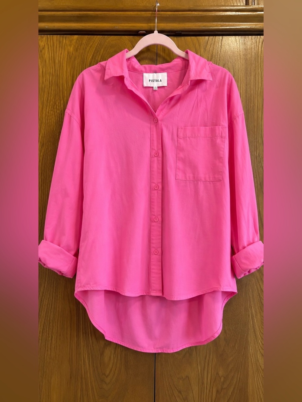 NWT PISTOLA Sloane Oversized Button Down Shirt Hot Pink Long Sleeve L